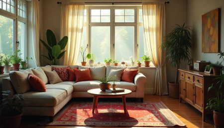 Cozy living room interior with natural light and plantsの写真素材