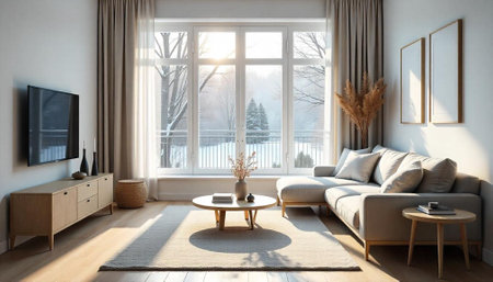 Bright living room with winter view from a large windowの写真素材
