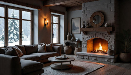 Cozy living room with fireplace and snow-covered windowの写真素材