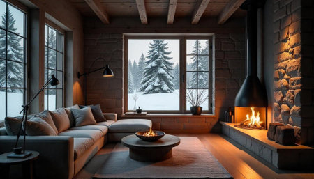 Cozy living room with fireplace and winter forest view