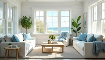 Bright airy living room with ocean view and natural lightの写真素材