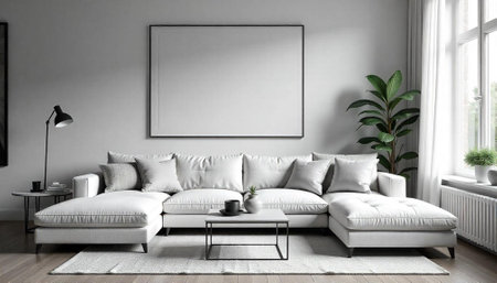 Neutral living room interior with large sofa and artworkの写真素材