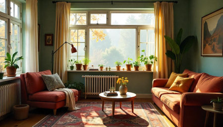 Cozy Living Room Interior with Natural Light and Plantsの写真素材