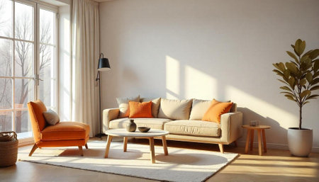 Bright contemporary living room interior with sofa and chairの写真素材