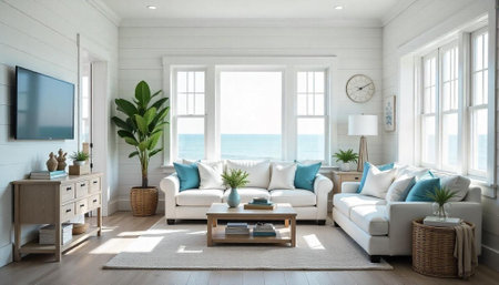 Bright coastal living room with white sofas and ocean viewの写真素材