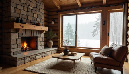 Cozy cabin interior with fireplace and snowy winter viewの写真素材