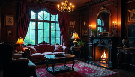 Elegant living room interior with fireplace and plush furnishingsの写真素材