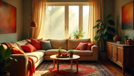 Comfortable living room interior with soft colors and sunlight