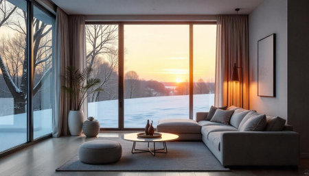 Serene living room interior with sunset view in winter