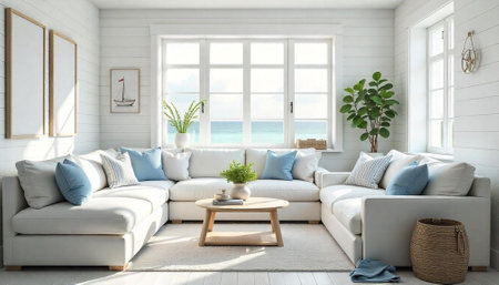 Bright coastal living room with white sofa and ocean viewの写真素材
