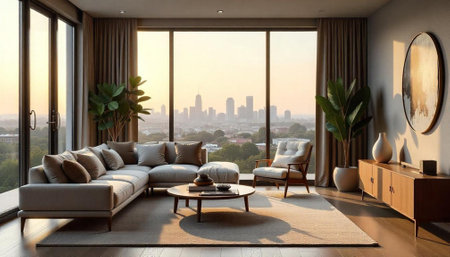 Modern living room with skyline view at golden hour