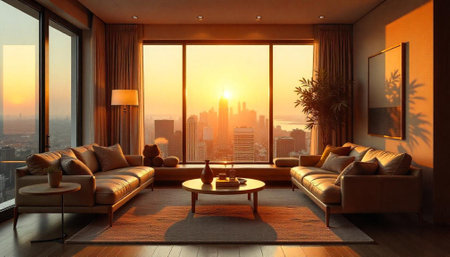 Luxurious living room with city view bathed in warm sunset