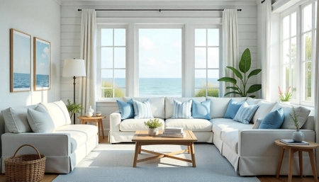 Bright and airy coastal living room with ocean viewの写真素材