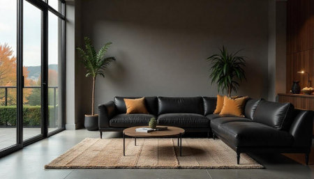 Modern Living Room with Leather Sofa and Natural Lightの写真素材