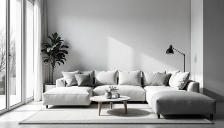 Modern living room interior with white sofa and plant
