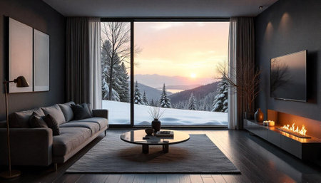 Modern living room interior with snowy mountain vista at sunsetの写真素材