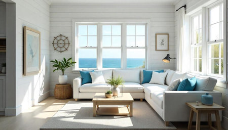 Coastal Living Room Interior with Ocean View and Decorの写真素材