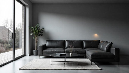 Modern living room interior with a black leather couchの写真素材