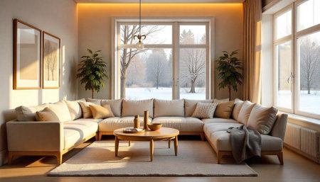 Warm interior with winter view, cozy sofa and houseplantsの写真素材