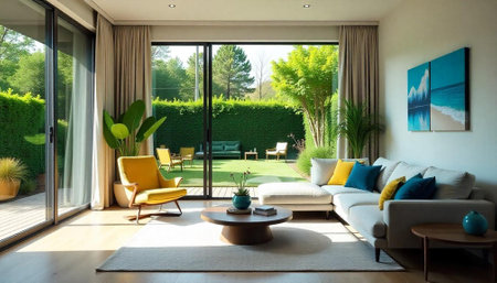 Modern living room interior with garden view and sunlightの写真素材