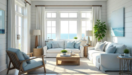 Bright living room with ocean view and beach decorの写真素材