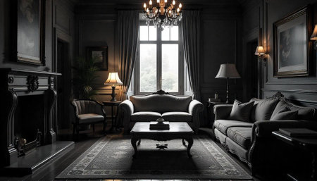 Elegant living room interior with vintage furniture and chandelierの写真素材