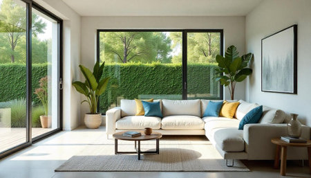 Bright modern living room with comfortable furniture and large windows