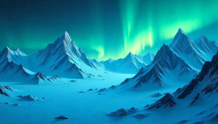 Magnificent aurora borealis over snow-capped mountain range landscapeの写真素材