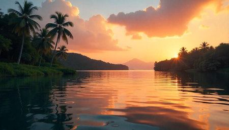 Tropical sunset water reflections with palm trees landscape view