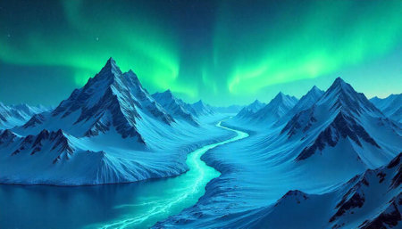 Aurora borealis illuminates majestic snowy mountains and winding riverの写真素材