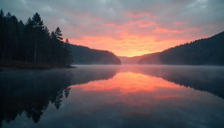Scenic lake sunrise with reflection in still waterの写真素材
