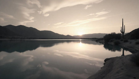 Scenic desert lake reflecting sunset light with mountains backdropの写真素材