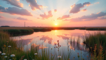 Serene sunset over wetlands reflecting pastel colored sky
