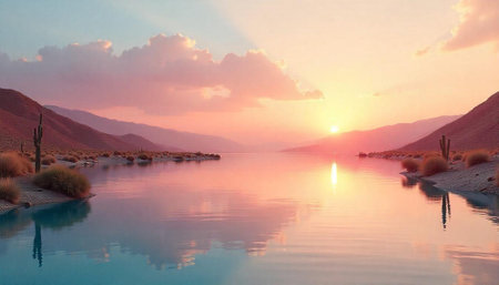 Desert lake sunrise with soft pink and blue huesの写真素材