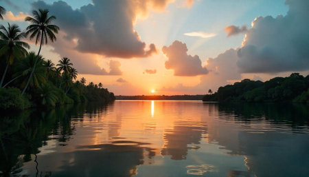 Tropical river sunset with palm trees and cloudscape