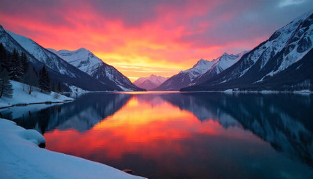 Lake reflects snow-capped mountains at vibrant sunset and sunrise