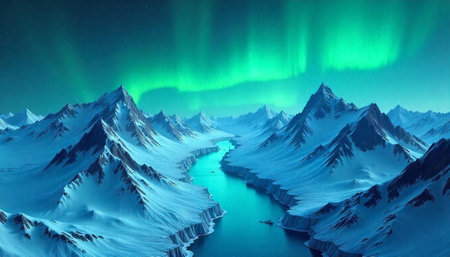 Majestic mountain range and green aurora borealis over river