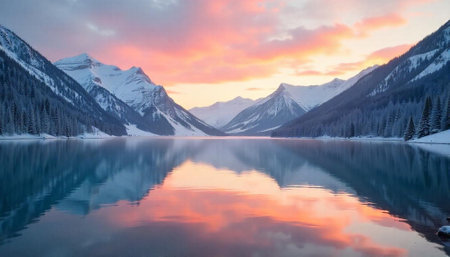 Tranquil lake reflects a colorful sky between snowy mountainsの写真素材