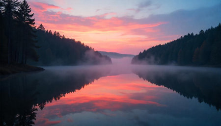Foggy lake surrounded by pine trees at sunrise