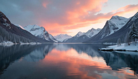 Snowy mountain range reflecting in tranquil lake at sunset