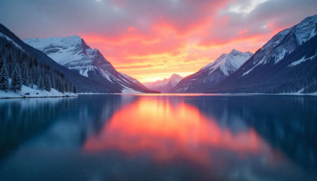 Majestic mountain lake reflecting vibrant sunset colors in winterの写真素材