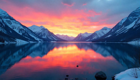 Majestic mountains reflecting in still lake during vibrant sunsetの写真素材
