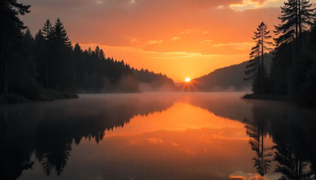 Sunrise over still lake reflecting dark forest silhouettesの写真素材