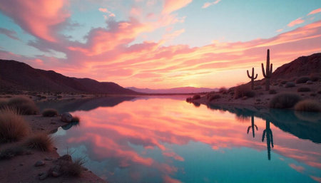 Scenic desert lake reflecting a vibrant pink and blue sunsetの写真素材