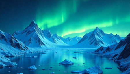 Majestic mountains and northern lights create a serene arctic vista
