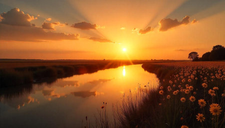 Tranquil golden hour scene: River flowing through flower fieldの写真素材