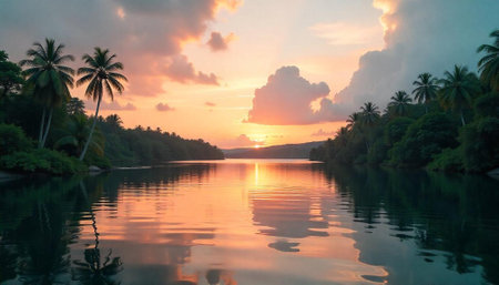 Tropical sunset over tranquil river framed by palm trees