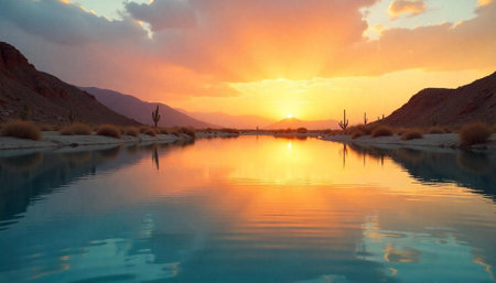 Desert Oasis Sunset: Tranquil Lake Reflecting Arizona Landscapeの写真素材