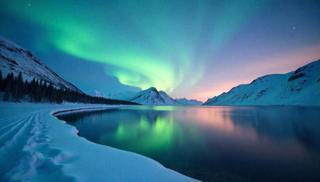 Majestic Aurora Borealis Reflecting on Tranquil Lake Landscapeの写真素材