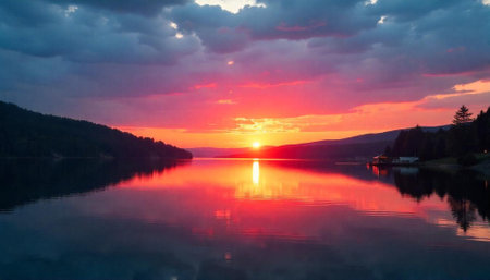 Vibrant sunset reflecting over the calm lake surface